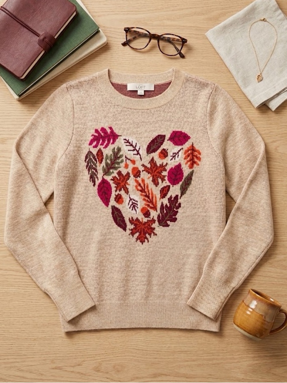 LOFT Beige Crewneck Sweater with Floral Heart Intarsia